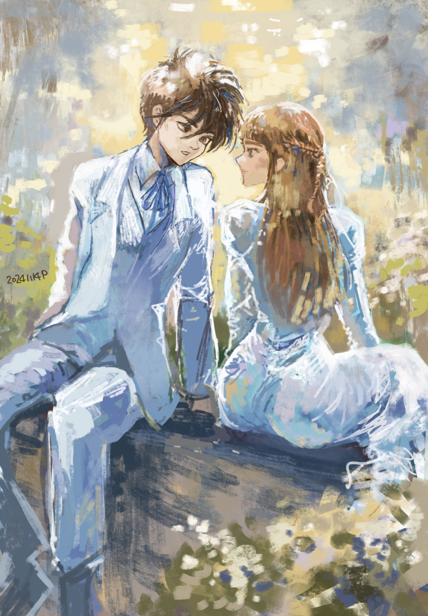 1boy, 1girl, brown_eyes, brown_hair, commentary, dated, dress, english_commentary, eye_contact, gundam, gundam_wing, heero_yuy, highres, long_hair, looking_at_another, okrdisk2000, pants, relena_peacecraft, short_hair, sitting, suit, white_dress, white_pants, white_suit