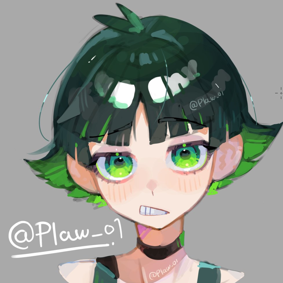 1girl, black_hair, blunt_bangs, blush, buttercup_(ppg), choker, clenched_teeth, commentary