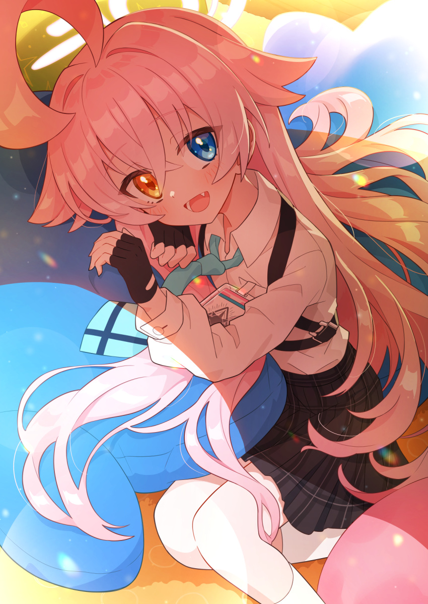 1girl, ahoge, black_skirt, blue_archive, blue_eyes, blue_necktie, feet_out_of_frame, flat_chest