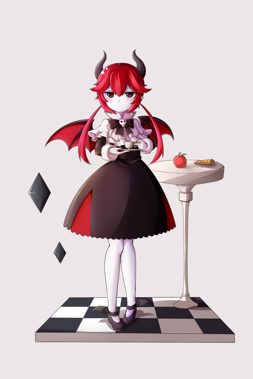 1girl, absurdres, ankle_wings, apple, apple_pie, black_bow, black_bowtie, black_dress