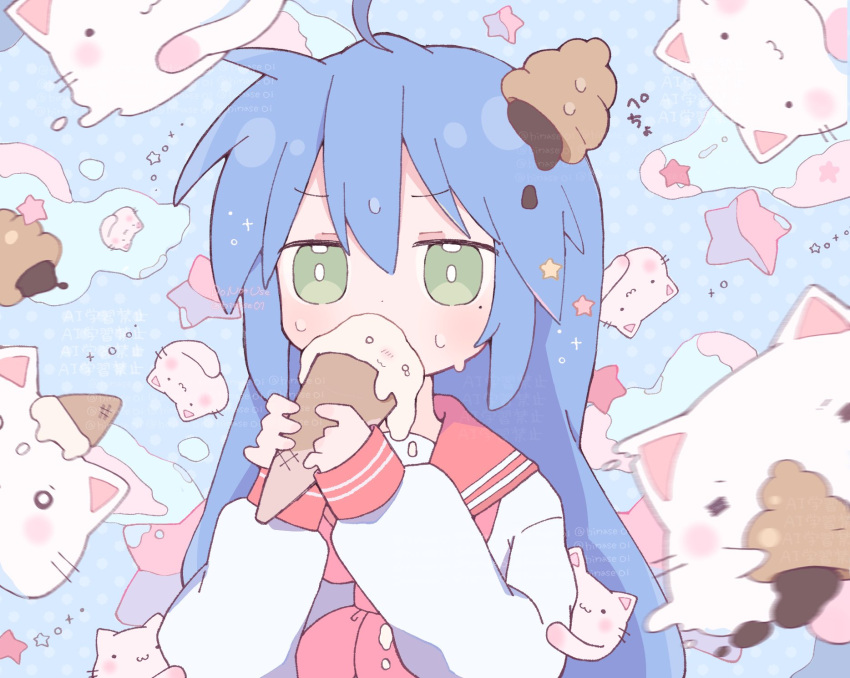 1girl, ahoge, blue_hair, cathead, chocolate_cornet, commentary, food, food_on_clothes