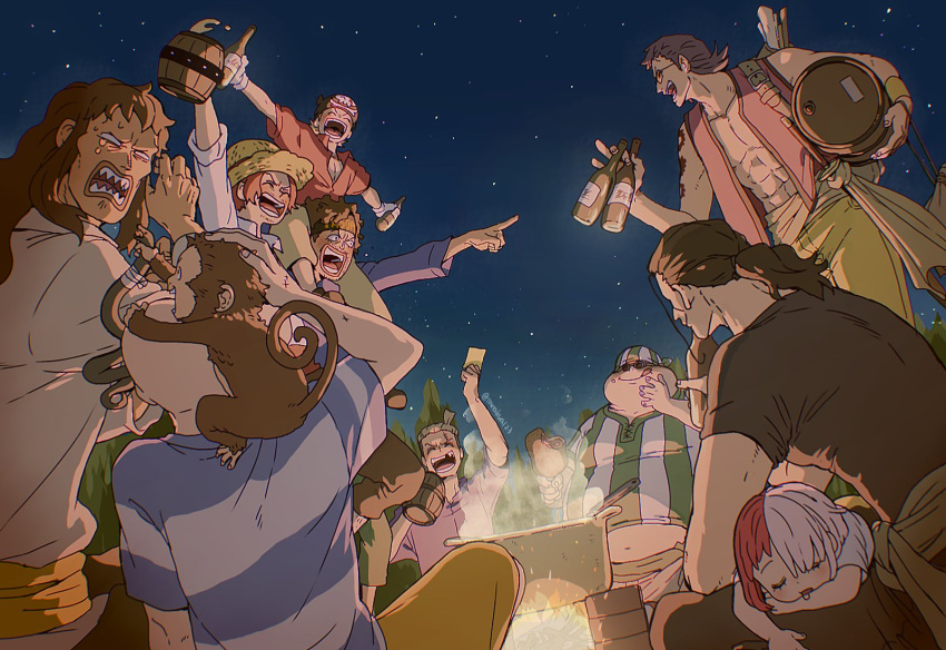 1girl, 6+girls, abs, aged_down, arm_up, barrel, benn_beckman, bonk_punch