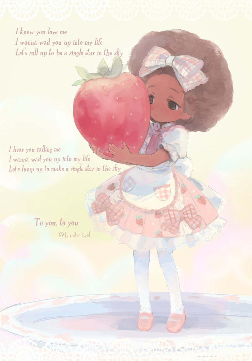 100_(hundredwell), 1girl, afro, apron, bow, brown_eyes, brown_hair, commentary_request