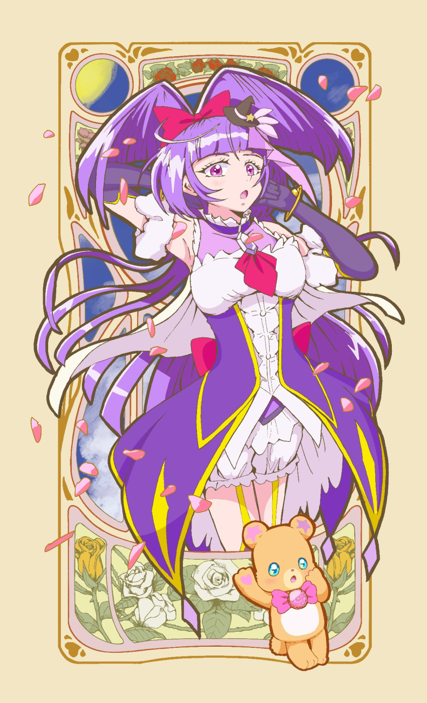 1girl, arm_behind_head, armpits, black_hat, blunt_bangs, bow, bracelet, cure_magical