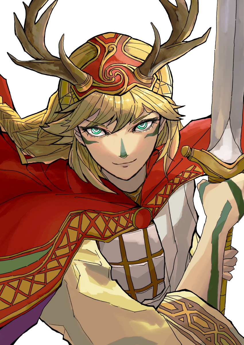 1boy, absurdres, blonde_hair, cape, closed_mouth, commentary_request, cu_chulainn_(megami_tensei), eyelashes