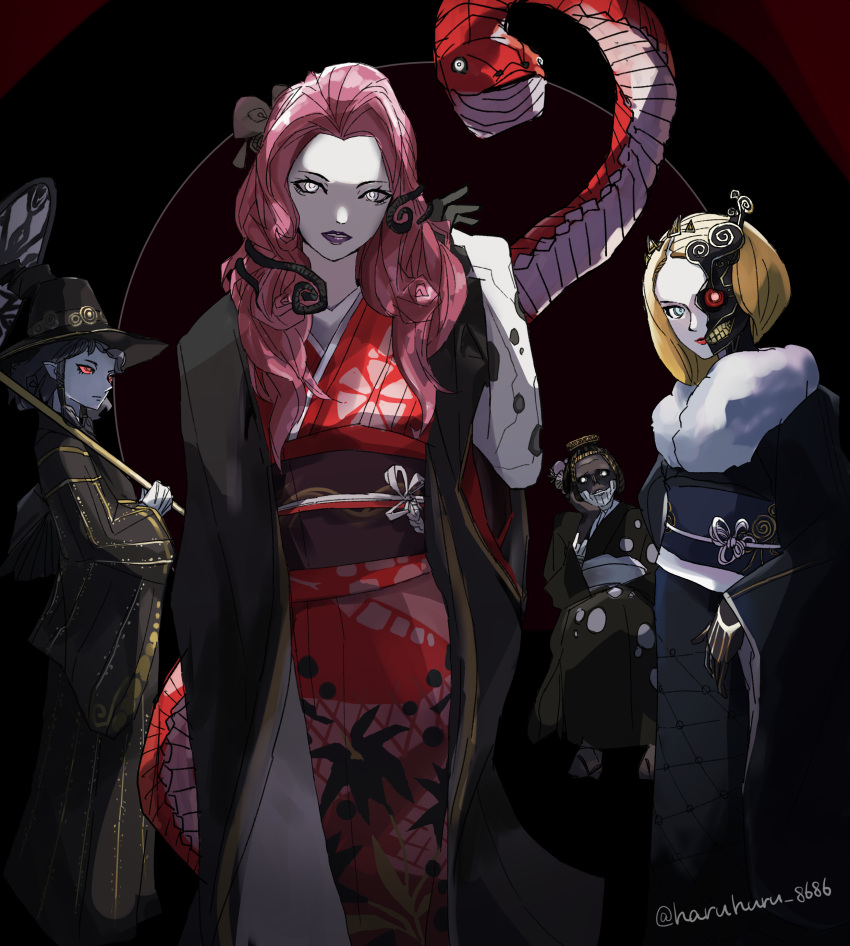 4girls, absurdres, agrat_bat_mahlat_(megami_tensei), alternate_costume, artist_name, black_dress, black_hat, blonde_hair