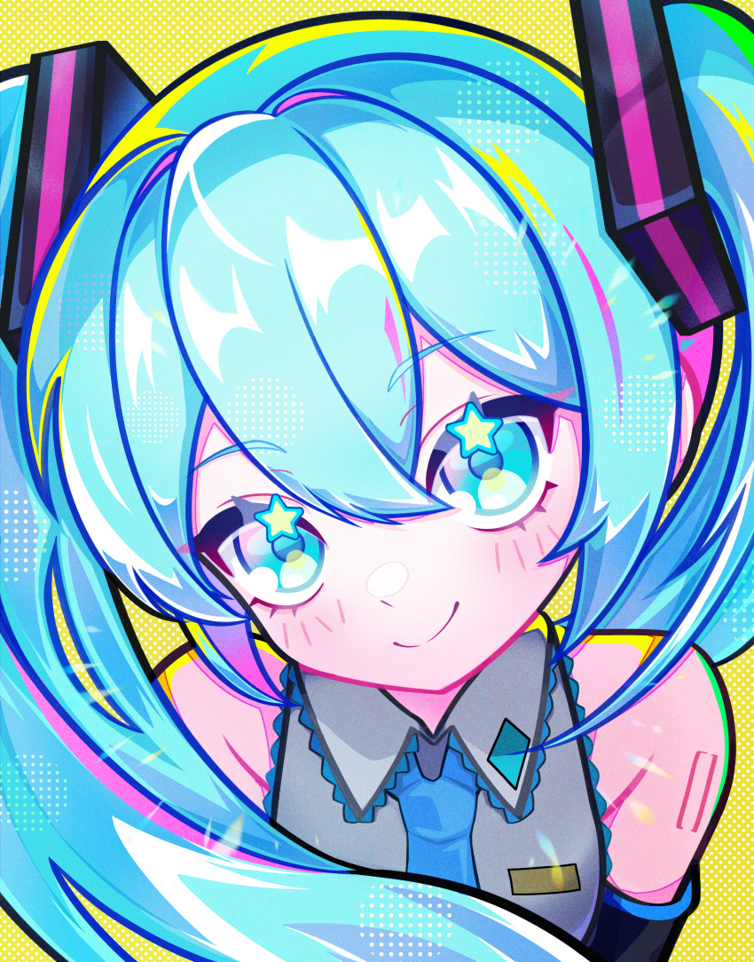 1girl, absurdres, blue_eyes, blue_hair, collared_shirt, commentary_request, detached_sleeves, hair_ornament, hatsune_miku, highres, koi_wa_itsumo, long_hair, looking_at_viewer, necktie, shirt, sleeveless, sleeveless_shirt, smile, solo, star_(symbol), star_in_eye, symbol_in_eye, twintails, upper_body, vocaloid, yellow_background