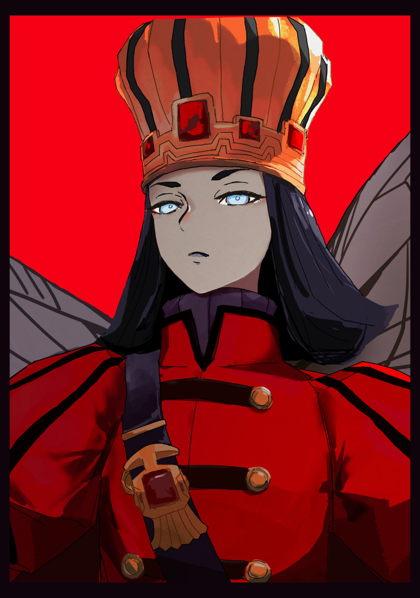 1boy, absurdres, black_border, black_hair, blue_eyes, border, butterfly_wings, commentary_request