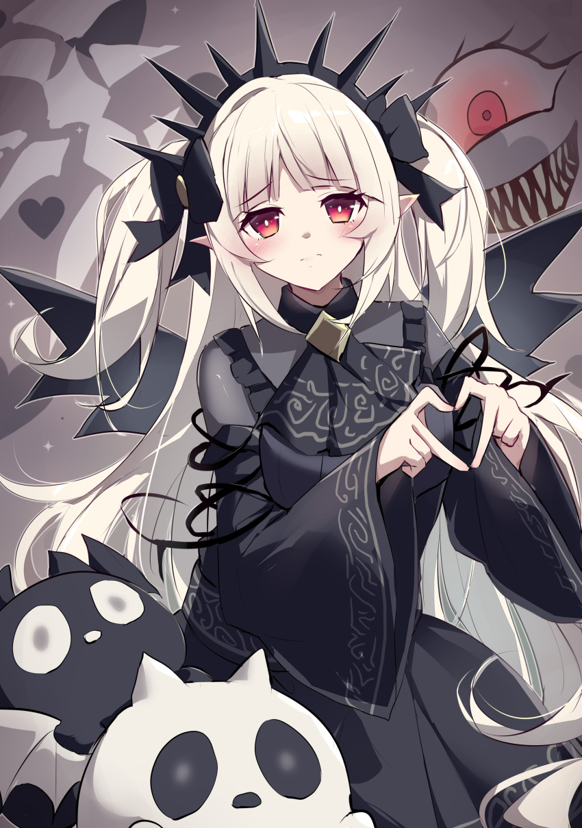 a_bao_a_qu_the_lightless_shadow, absurdres, black_dress, blunt_bangs, blush, demon_girl, demon_wings, double_finger_heart