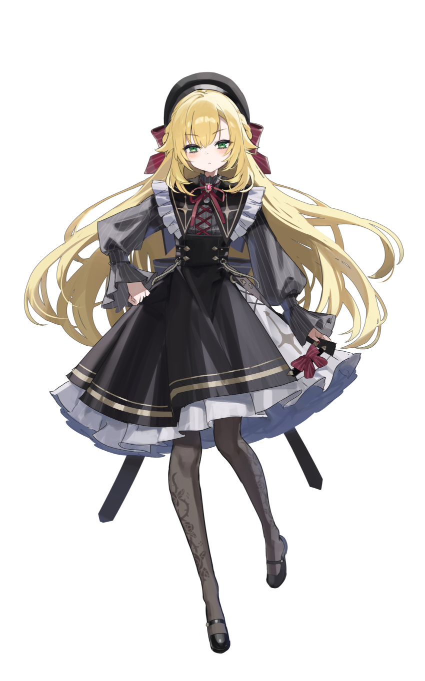 1boy, beret, black_dress, black_pantyhose, blonde_hair, bow, buttons, closed_mouth