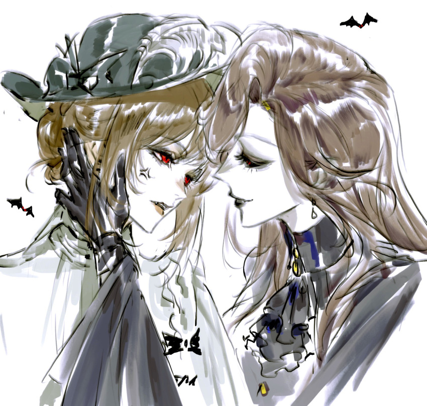 2girls, black_gloves, black_lips, black_shirt, brown_hair, face-to-face, fangs, gloves