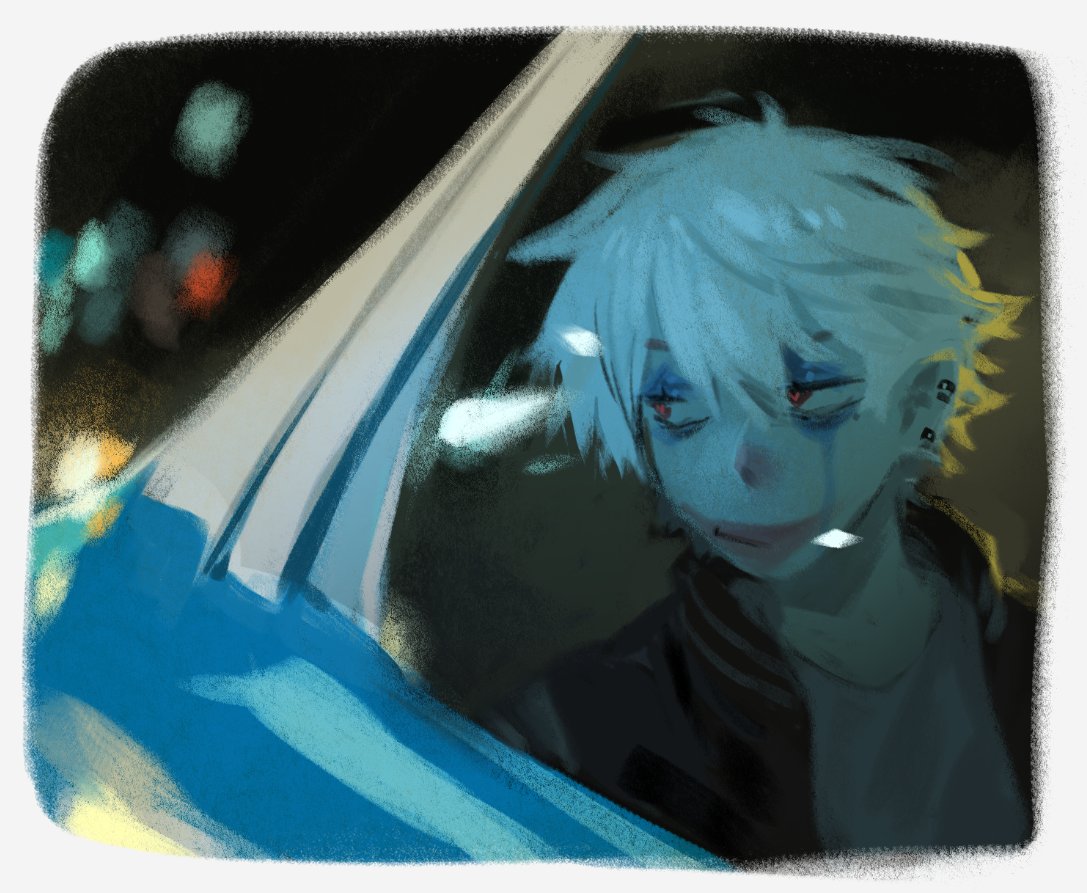 batman_(series), clown, dc_comics, ear_piercing, heart, heart-shaped_pupils, joker_(2019), kuzuha_(nijisanji), makeup, male_focus, mole, mole_under_eye, piercing, pointy_ears, red_eyes, runny_makeup, symbol-shaped_pupils, tnso, vampire, virtual_youtuber, white_hair