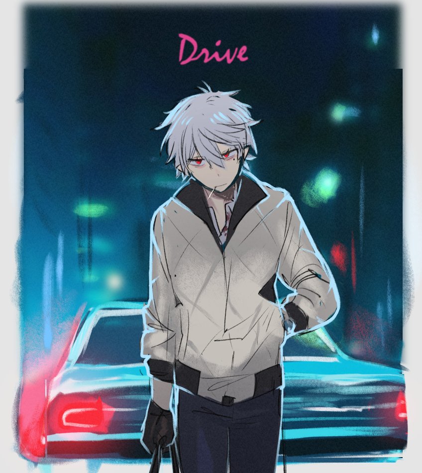 drive_(movie), kuzuha_(nijisanji), male_focus, mole, mole_under_eye, pointy_ears, red_eyes, tnso