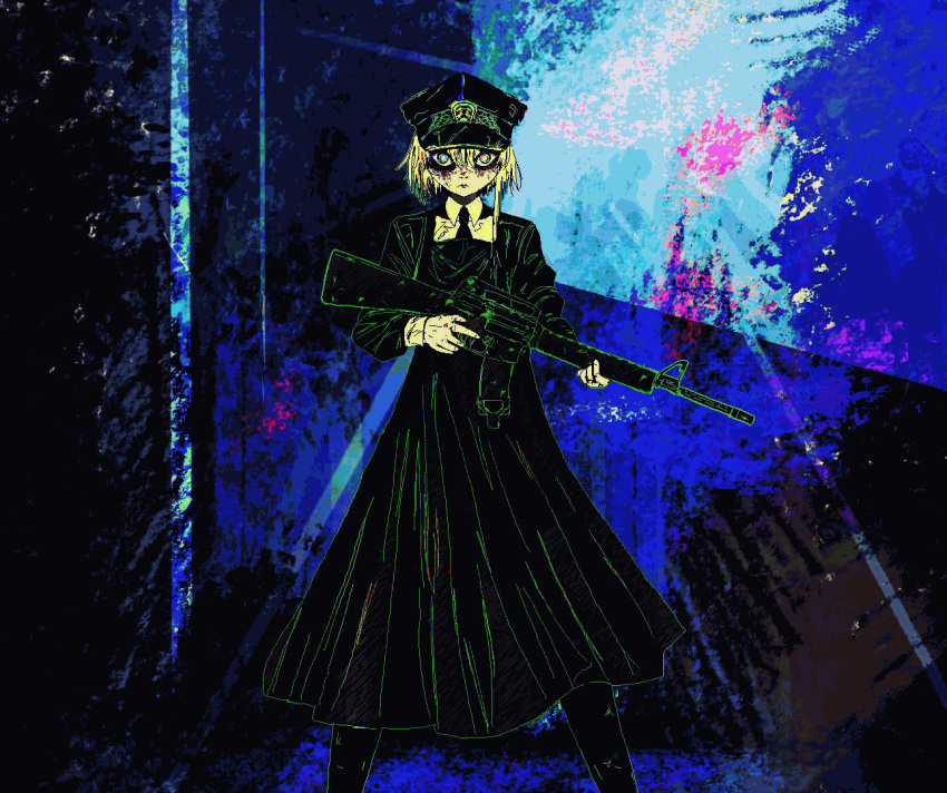 1girl, animated, animated_gif, assault_rifle, bags_under_eyes, black_dress, black_eyeshadow, black_hat