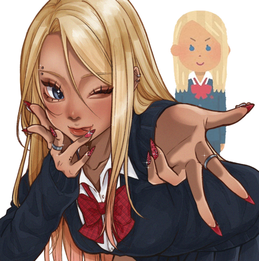 1girl, ;p, black_cardigan, black_skirt, blonde_hair, blue_eyes, bow, bowtie