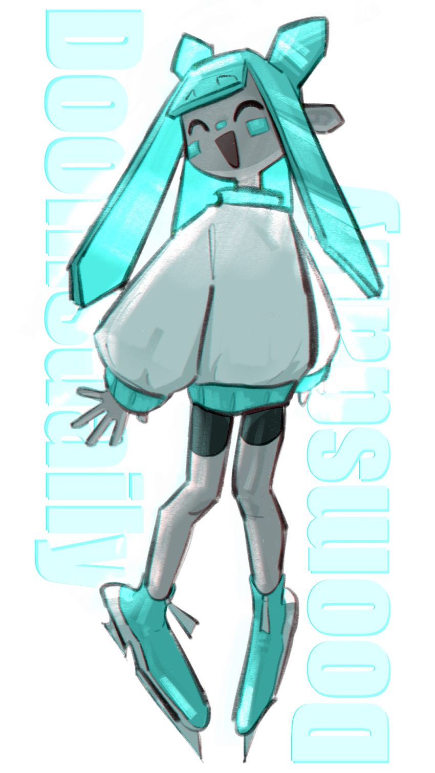 1girl, :d, aqua_hair, artist_name, black_shorts, closed_eyes, colored_skin, doomsdaily333