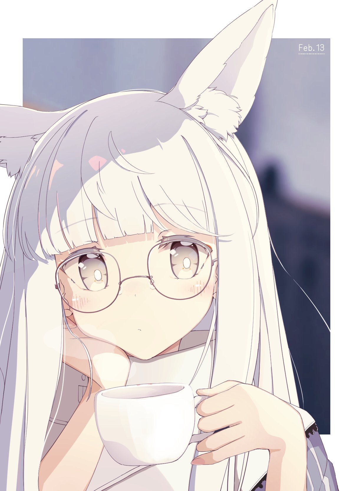 1girl, animal_ear_fluff, animal_ears, arknights, blunt_bangs, blurry, blurry_background, border