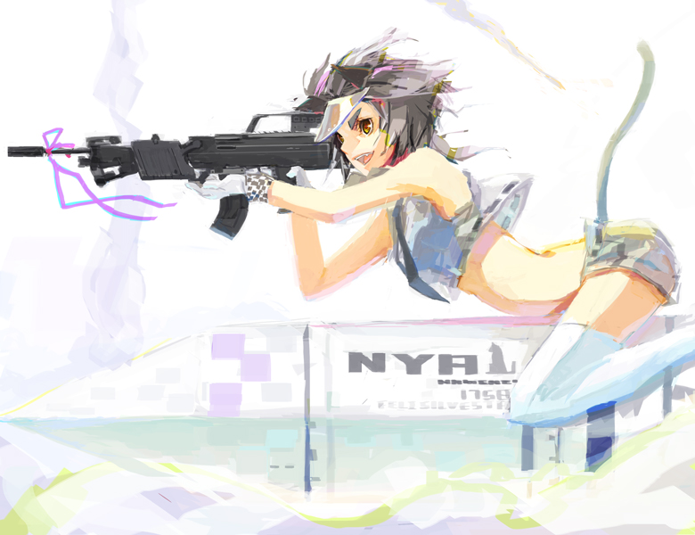 bad_id, cat, cat_ears, cat_tail, gun, haou_airen, kuro_tomato, kurotomato_(heavens-apple)