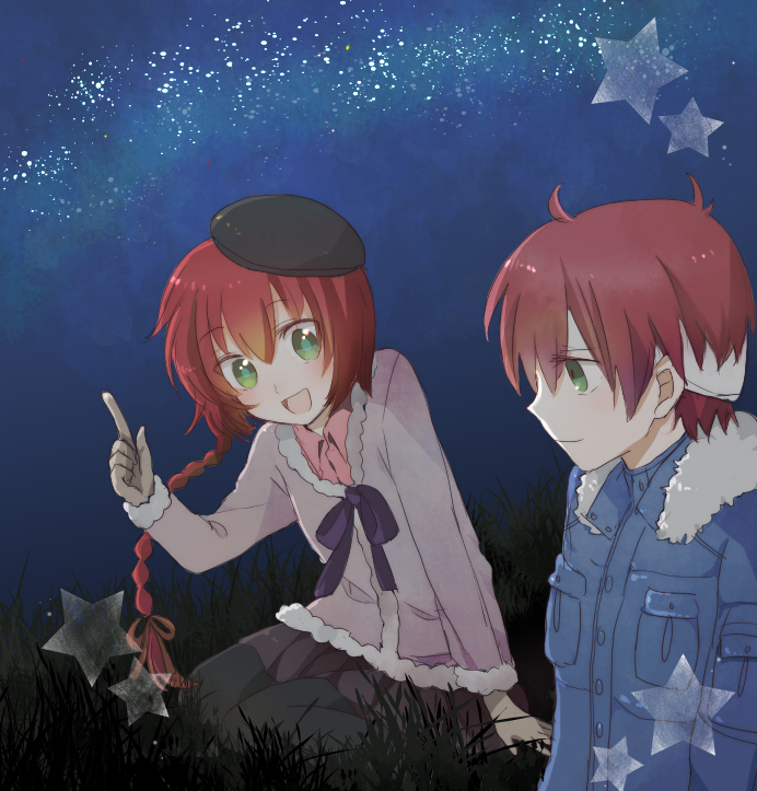 bandage_over_one_eye, black_legwear, black_pantyhose, bow, braid, brother_and_sister, darker_than_black, green_eyes