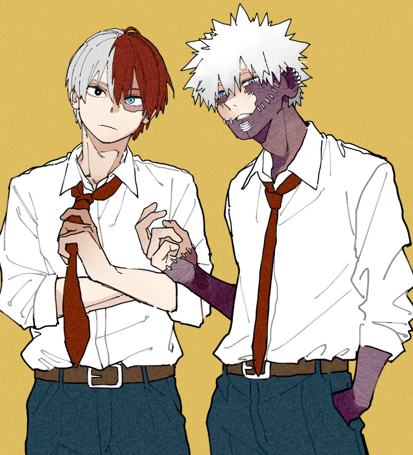 2boys, arm_up, belt, belt_buckle, blue_eyes, blue_pants, boku_no_hero_academia, brothers