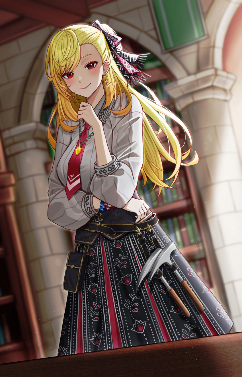 1girl, absurdres, asymmetrical_bangs, belt, belt_pouch, black_belt, black_skirt, blonde_hair