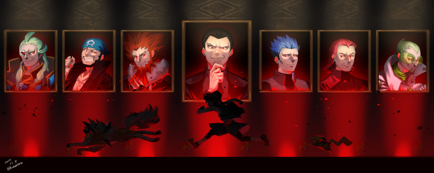 6+boys, alternate_eye_color, archie_(pokemon), ascot, bandana, beard, black_gloves, black_hair