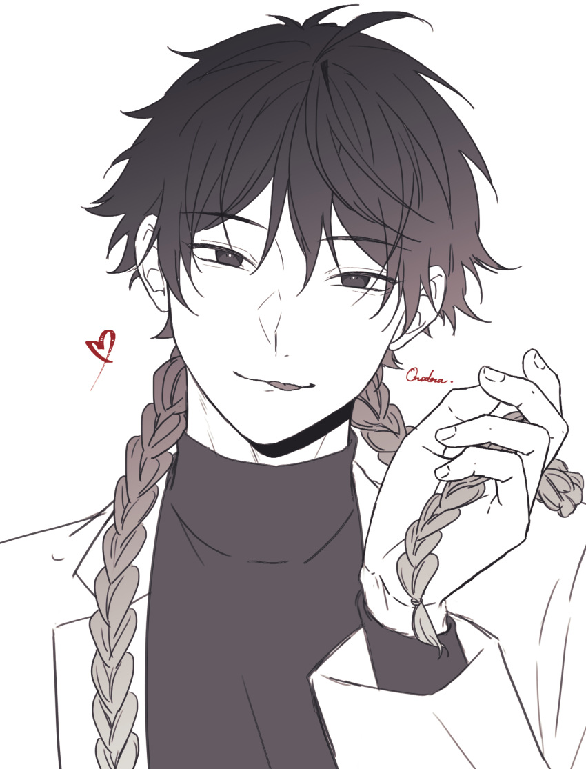 1boy, black_shirt, blue_period, braid, coat, hashida_haruka, highres, light_smile, long_hair, looking_at_viewer, male_focus, shirt, signature, simple_background, tongue, tongue_out, tori_dera, upper_body, white_background, white_coat