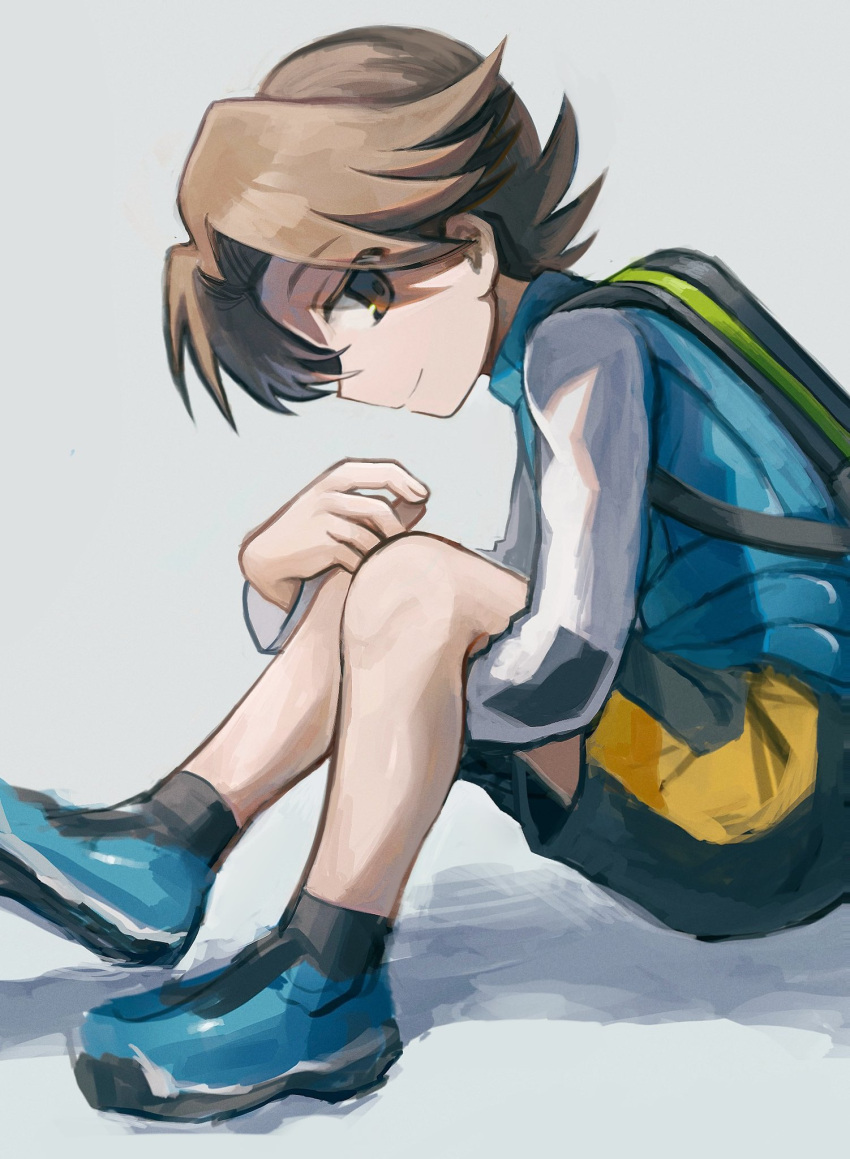 1boy, backpack, bag, black_shorts, blue_shoes, blue_vest, brown_eyes, brown_hair