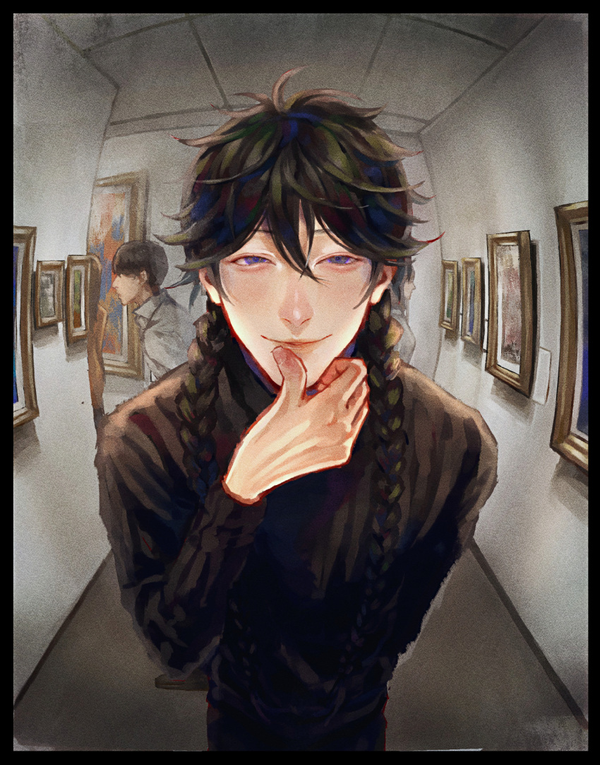 2boys, art_gallery, black_hair, black_shirt, blue_period, braid, braided_twintails, fisheye, hallway, hand_on_own_chin, hashida_haruka, highres, indoors, light_smile, long_hair, long_sleeves, looking_at_viewer, makoto_kirigaya, male_focus, multiple_boys, picture_frame, shirt, short_hair, violet_eyes, white_shirt