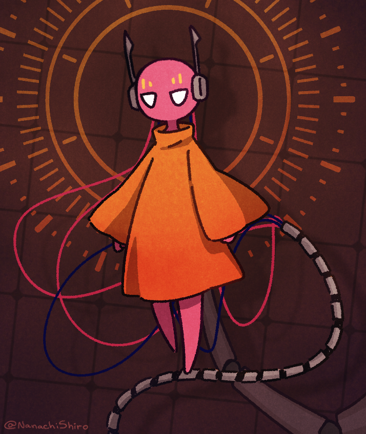 androgynous, artist_name, bald, barefoot, brown_background, cable, colored_skin, english_commentary