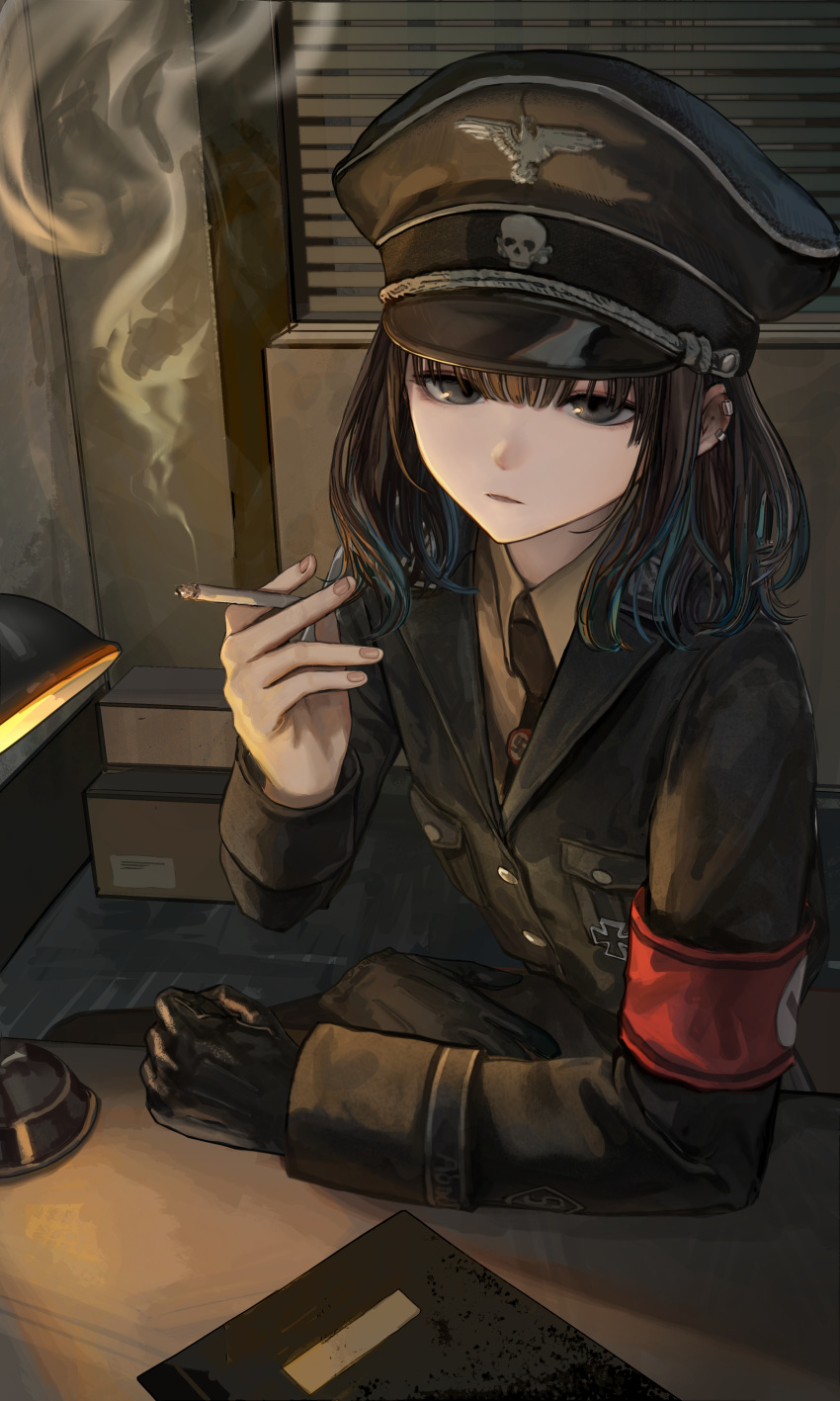 1girl, absurdres, arm_rest, armband, black_eyes, black_gloves, black_hat, cigarette