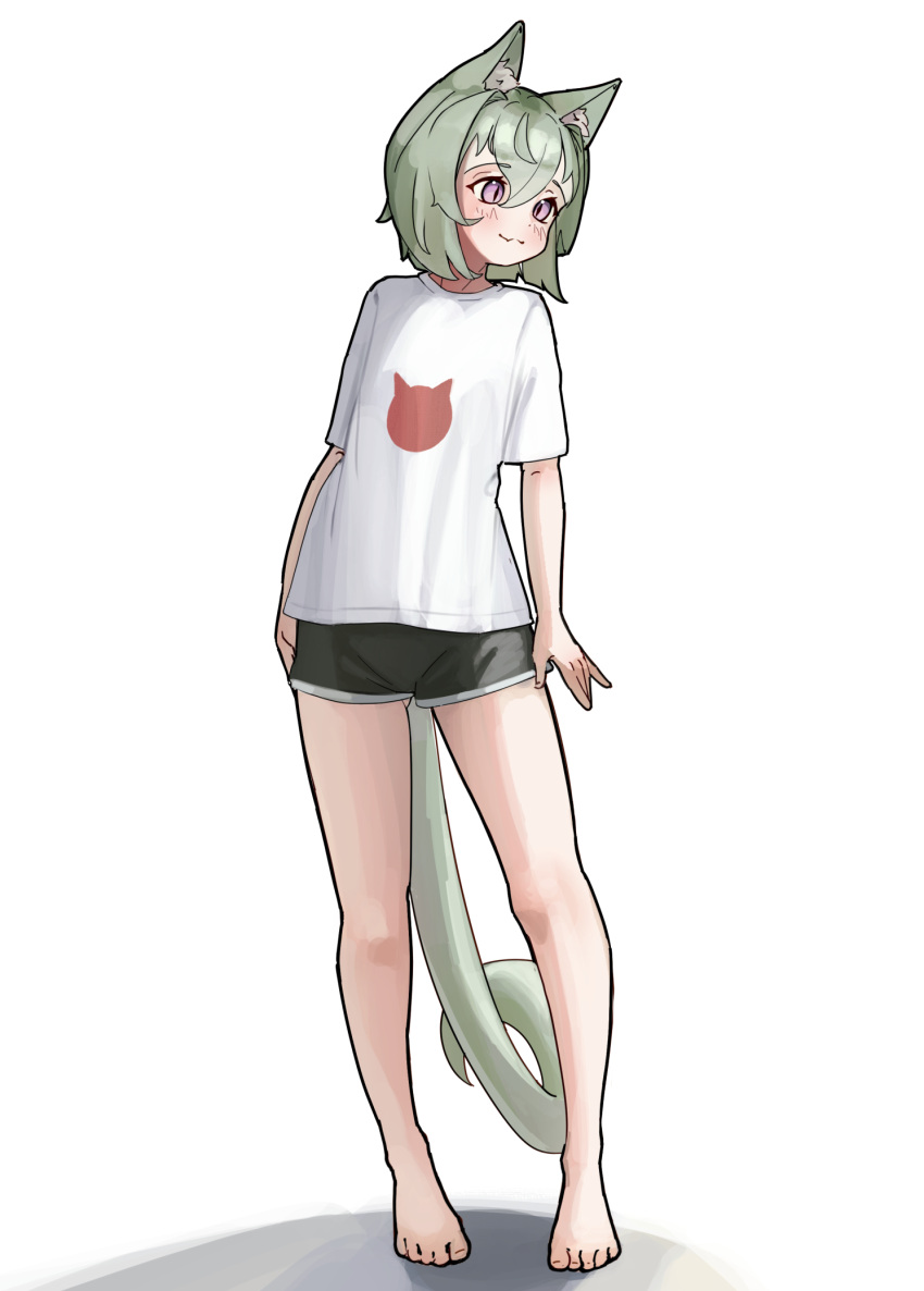 1girl, animal_ear_fluff, animal_ears, barefoot, black_shorts, blush, cat_ears, cat_girl