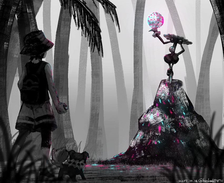 1boy, arm_up, backpack, bag, blacephalon, bucket_hat, commentary_request, dated