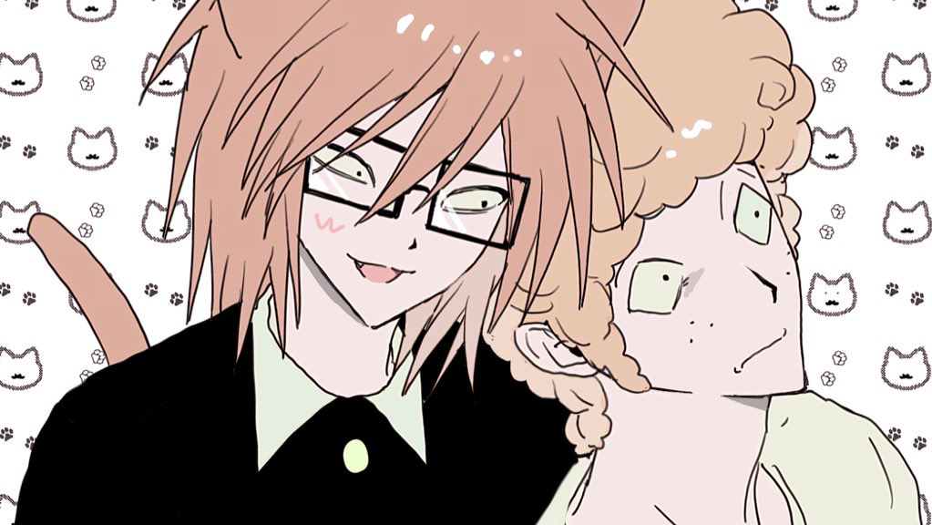 2boys, animal_ears, black_eyes, cat_boy, cat_ears, cat_tail, fang, freckles