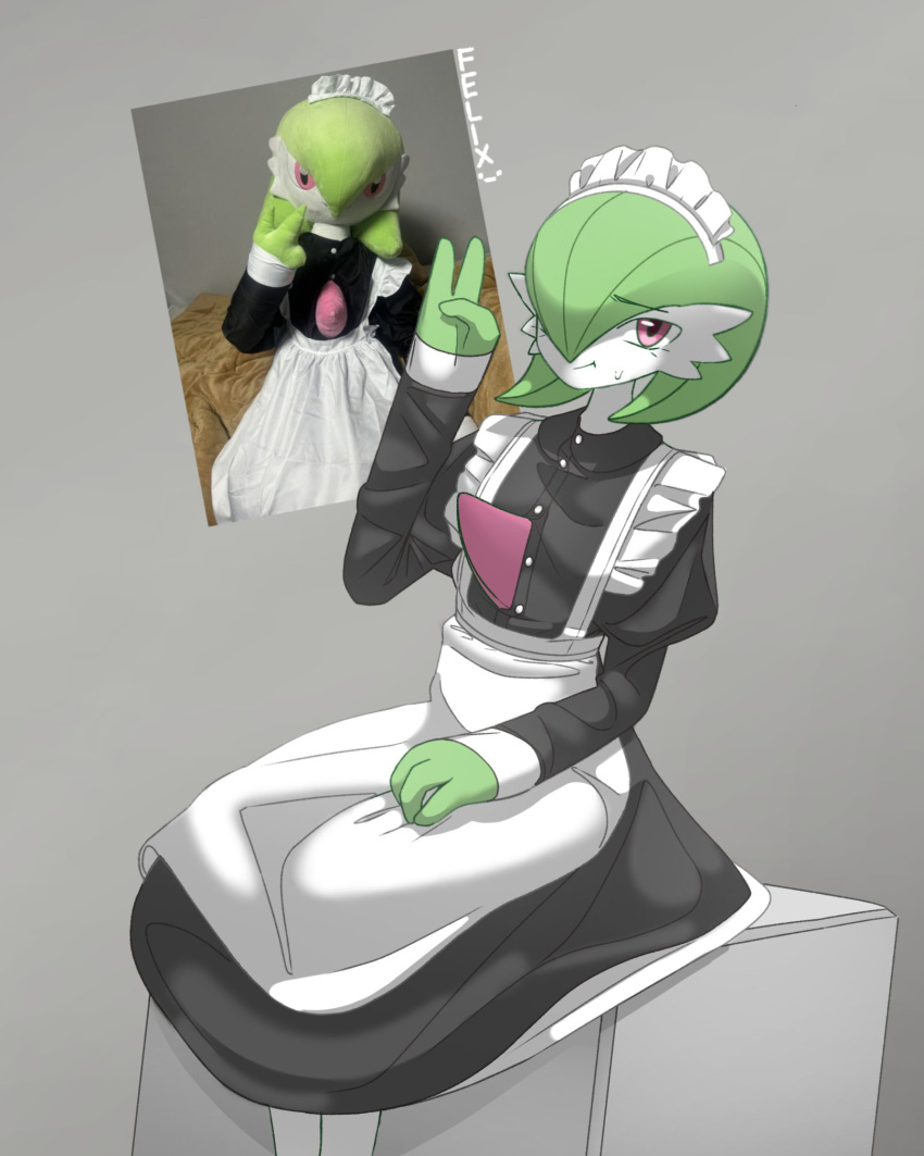 apron, bob_cut, clothed_pokemon, colored_skin, felixisoriginal, gardevoir, green_hair, green_skin