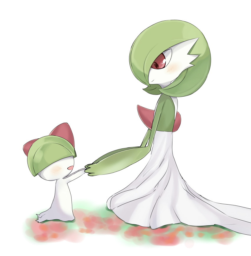 1girl, 1other, absurdres, arms_up, blunt_bangs, blush, bob_cut, bowl_cut, closed_mouth, colored_skin, commentary, flat_chest, from_side, full_body, gardevoir, green_hair, green_skin, hair_over_one_eye, hands_up, happy, highres, holding_hands, looking_at_another, looking_down, multicolored_skin, one_eye_covered, open_mouth, outstretched_arms, pokemon, pokemon_(creature), profile, ralts, red_eyes, short_hair, sideways_mouth, sitting, smile, standing, two-tone_skin, user_usga7574, white_background, white_skin