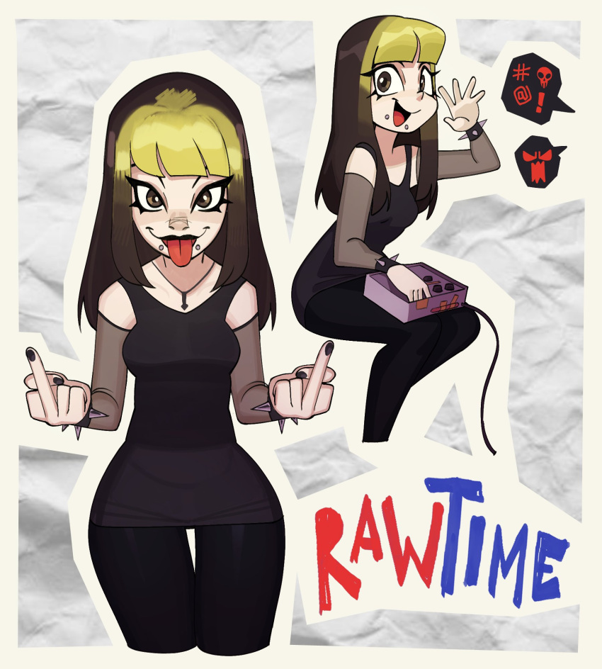 1girl, black_hair, black_lips, black_pants, black_tank_top, bracelet, copyright_name, double_middle_finger