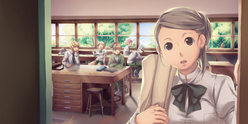 3boys, 4girls, artist_request, black_bow, black_bowtie, black_hair, black_necktie, black_shoes, blonde_hair, blue_sky, bow, bowtie, brown_bag, brown_hair, chiharu_(katawa_shoujo), closed_mouth, collared_shirt, day, desk, doorway, enomoto_saki, game_cg, green_jacket, green_pants, grey_eyes, grey_hair, hand_up, head_down, holding, indoors, jacket, katawa_shoujo, long_hair, maeda_takashi, multiple_boys, multiple_girls, necktie, non-web_source, official_art, on_stool, open_clothes, open_jacket, open_mouth, pants, red_hair, school_uniform, shirt, short_hair, sitting, sky, stool, sunglasses, table, teeth, tezuka_rin, tree, upper_teeth_only, white_hair, white_shirt, window, yamaku_high_school_uniform