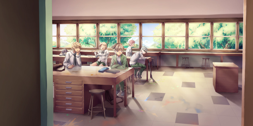 3boys, 3girls, artist_request, black_bow, black_bowtie, black_hair, black_necktie, black_shoes
