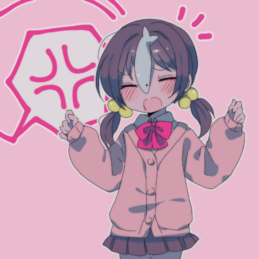 1girl, anger_vein, black_hair, bow, bowtie, cardigan, closed_eyes, deliriumcenter