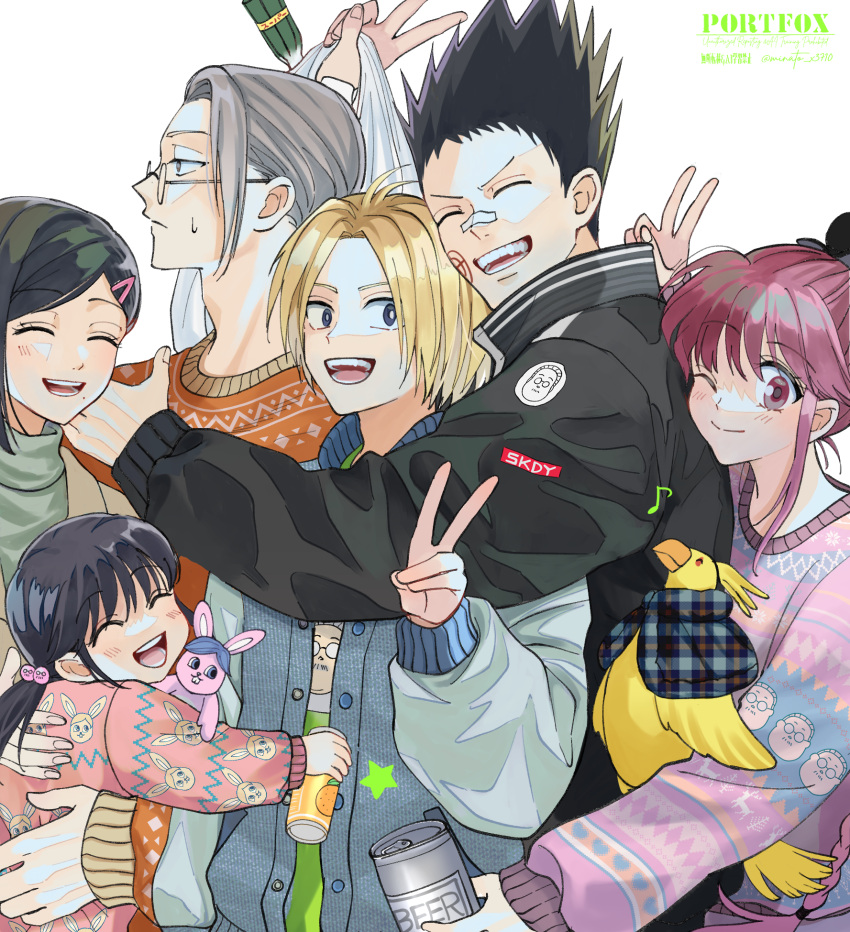 3boys, 3girls, :d, bag, bandaid, bandaid_on_face, bandaid_on_nose, beer_can