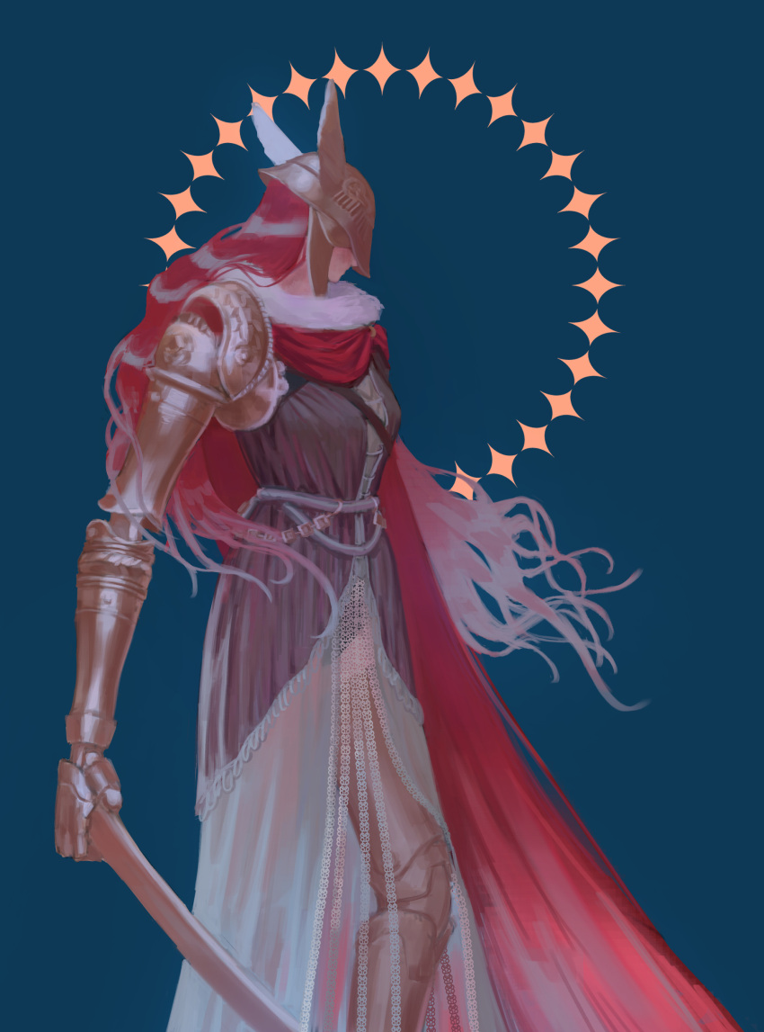 1girl, absurdres, blue_background, brown_dress, cape, covered_eyes, dress, elden_ring