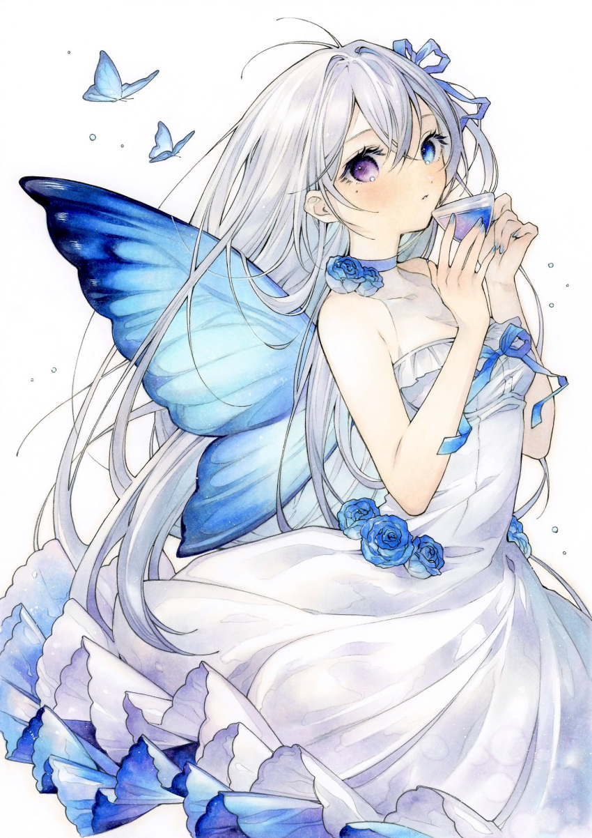 1girl, blue_butterfly, blue_eyes, blue_flower, blue_nails, blue_rose, blush, bug