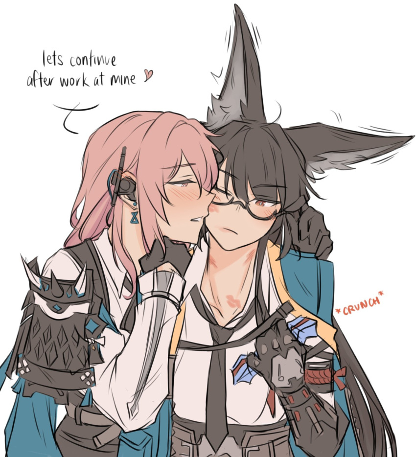 2girls, animal_ears, black_gloves, black_hair, black_necktie, blush, collared_shirt, commentary, earpiece, english_commentary, english_text, fox_ears, fox_girl, gloves, highres, hoshimi_miyabi, lipstick_mark, lipstick_mark_on_face, lipstick_mark_on_neck, long_hair, multiple_girls, necktie, one_eye_closed, partially_unbuttoned, pink_hair, semi-rimless_eyewear, shirt, tsukishiro_yanagi, white_shirt, yurenn, yuri, zenless_zone_zero