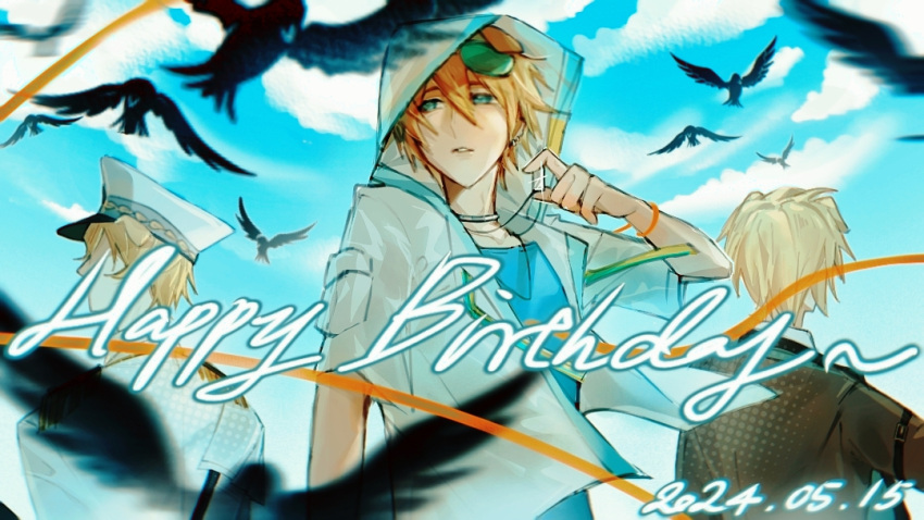 2024, 3boys, ambience_synesthesia, animal_ears, arknights, arm_strap, bird, bird_wings, birthday, blonde_hair, blue_eyes, blue_sky, blue_vest, blurry, bracelet, brown_jacket, chinese_commentary, clouds, collared_shirt, commentary_request, crow, dog_boy, dog_ears, dog_tags, english_text, green_scarf, hair_between_eyes, halftone, hand_up, happy_birthday, hat, holding, holding_jewelry, holding_necklace, hood, hood_up, jacket, jewelry, looking_to_the_side, male_focus, messy_hair, multiple_boys, multiple_necklaces, necklace, open_clothes, open_jacket, parted_lips, pocket, promise66, sailor_hat, scarf, see-through_clothes, shirt, sky, sparkle, string, teeth, tequila_(arknights), tequila_(cardwinner)_(arknights), thick_eyebrows, tied_hoodie_strings, vest, white_jacket, white_shirt, wings