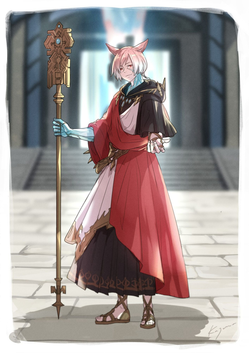 1boy, animal_ears, black_robe, blurry, blurry_background, border, brown_sandals, cat_boy