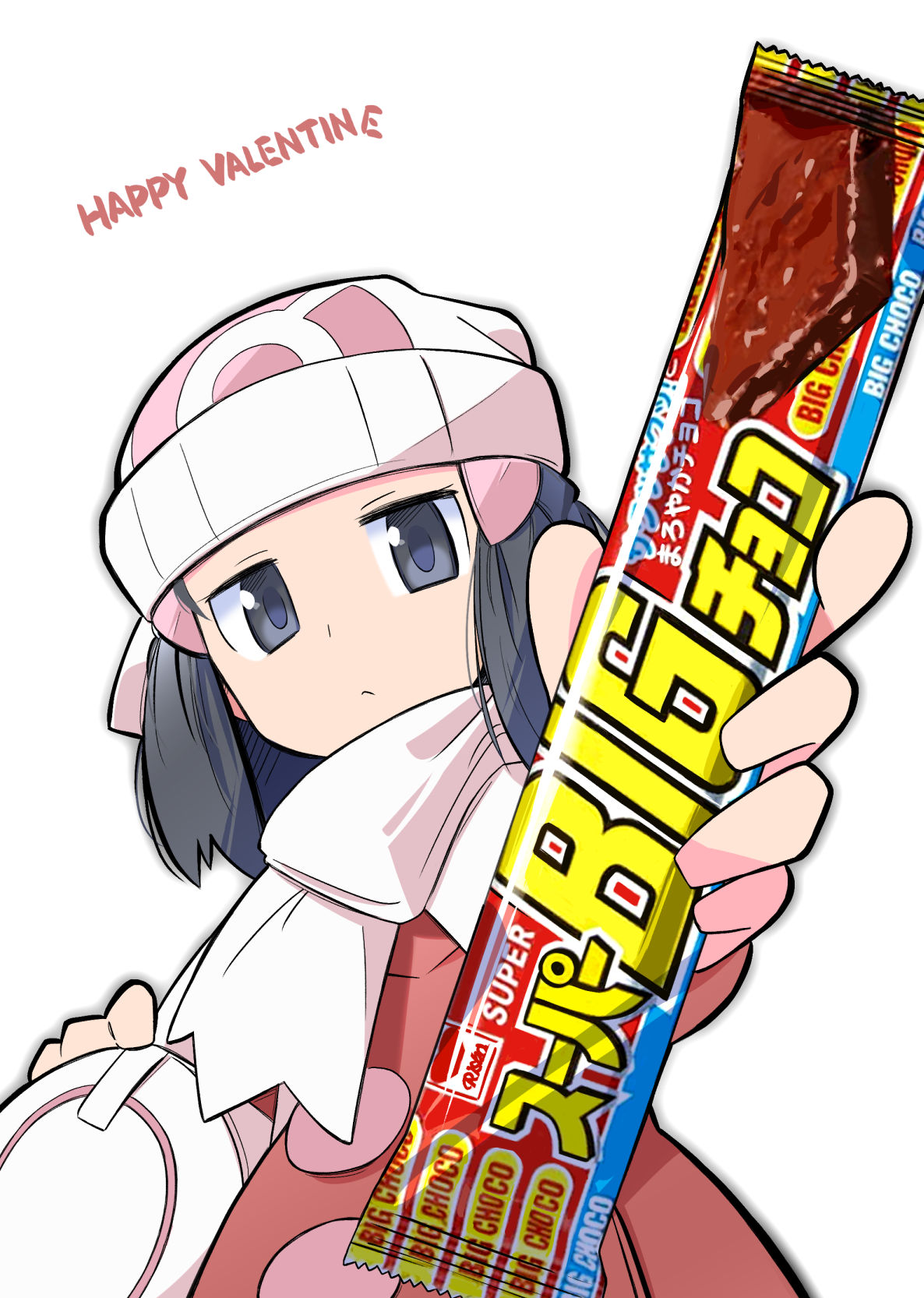 1girl, beanie, black_hair, coat, english_text, food, hair_ornament, happy_valentine, hat, highres, hikari_(pokemon), holding, holding_food, long_hair, long_sleeves, poke_ball_print, pokemon, pokemon_dppt, pokemon_platinum, rascal_(feuille), scarf, solo, super_big_choco, valentine, white_bag, white_scarf, winter_clothes