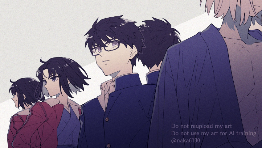 2girls, 3boys, abs, black_eyes, black_hair, blue_kimono, dual_persona, expressionless, glasses, highres, jacket, japanese_clothes, kara_no_kyoukai, kimono, looking_at_another, melty_blood, multiple_boys, multiple_girls, nakatani_(naka6130), nanaya_shiki, open_clothes, open_kimono, pectorals, red_jacket, ryougi_shiki, ryougi_shiki_(male_persona), school_uniform, tohno_shiki, tohno_shiki_(2), tsukihime, white_hair