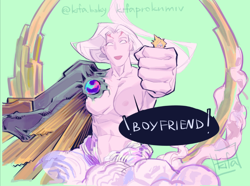 1boy, 1other, alternate_form, blonde_hair, breasts, cloud_strife, clouds, english_commentary