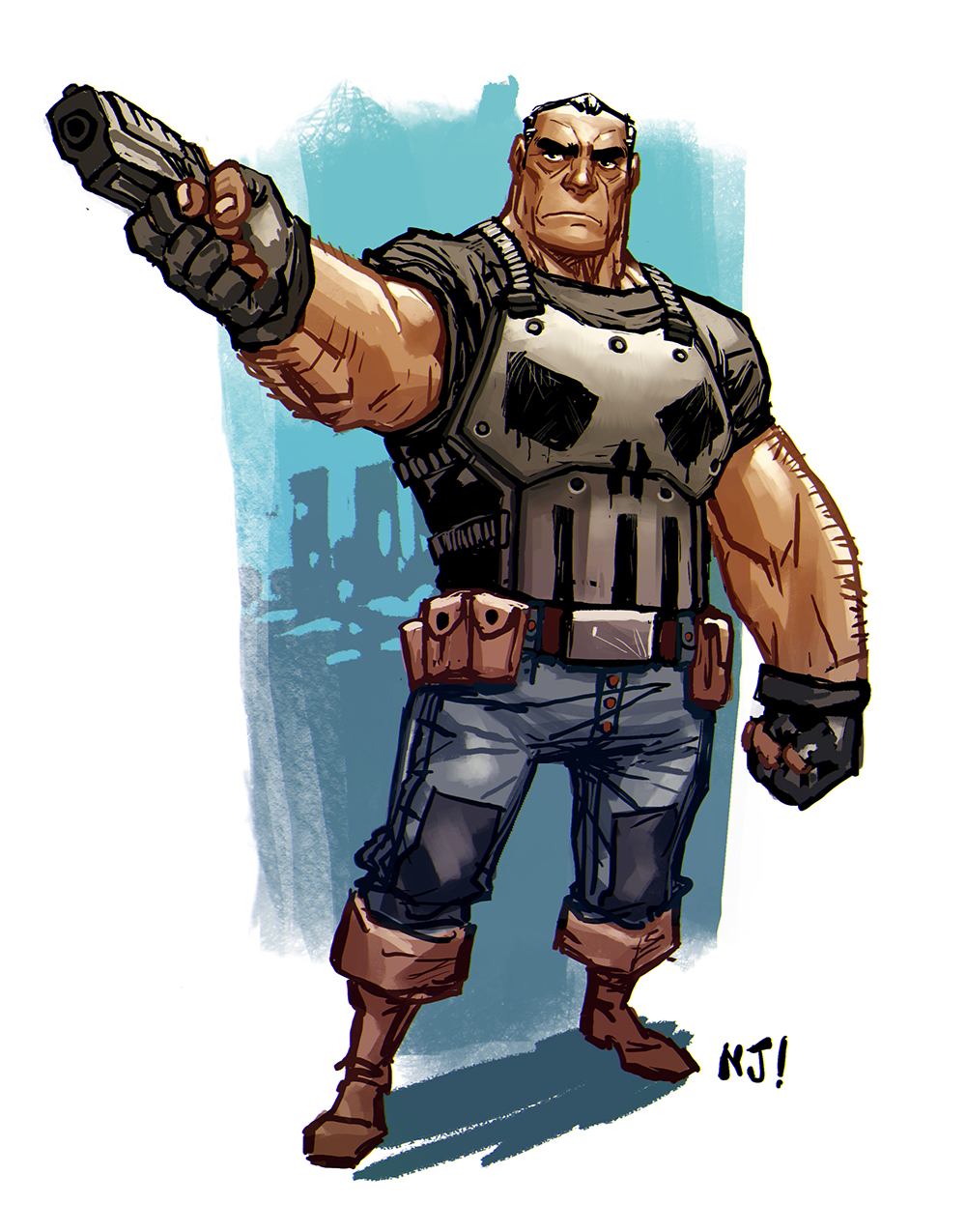 1boy, aiming, aiming_up, black_hair, black_shirt, boots, brown_boots, clenched_hand, fingerless_gloves, frown, gloves, gun, highres, holding, holding_gun, holding_weapon, holster, male_focus, marvel, mature_male, muscular, muscular_male, njay, shirt, short_hair, short_sleeves, signature, the_punisher_(character), the_punisher_(series), thick_eyebrows, very_short_hair, weapon